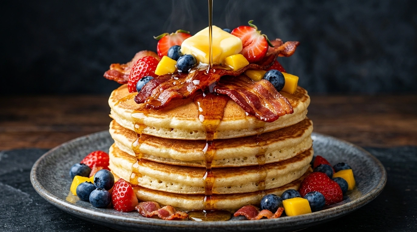 Amerikanska pannkakor med bacon och lönnsirap
